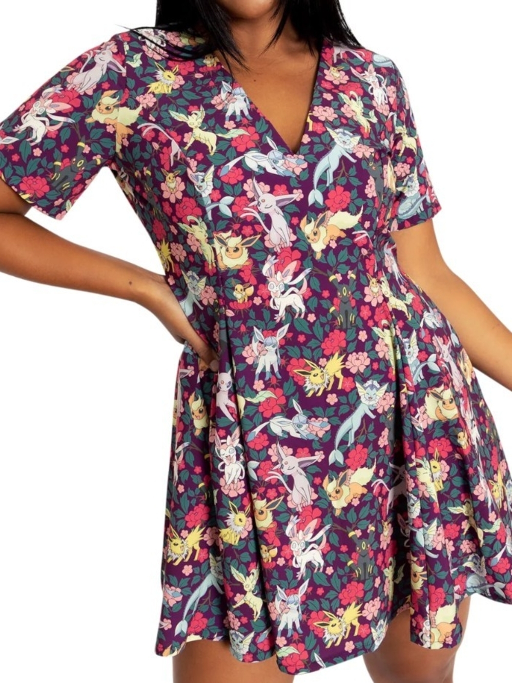 Blackmilk Pokemon Eevee Floral V-Neck Short Sleeve Skater Top Dress
